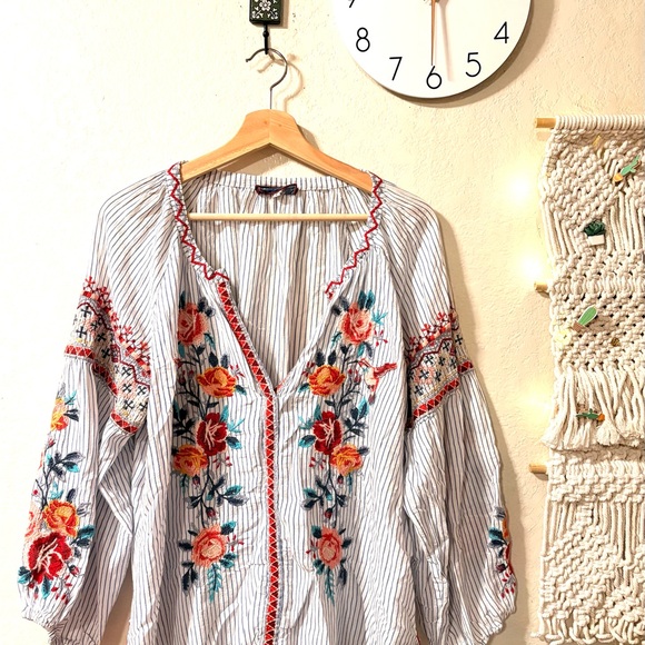 Johnny Was Blue and White Striped Embroidered Colorful Blouse - Picture 7 of 9